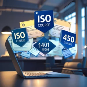 Self paced 100% online ISO course certificates (9001, 14001, 45001) floating above a laptop