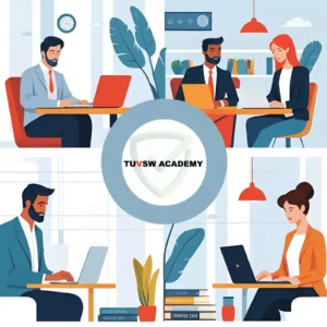 Diverse professionals studying on laptops/tablets in different time zones (home, café, airport lounge). Style: modern flat design with TUVSW Academy logo