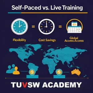 Infographic comparing self-paced vs. live training: flexibility icons (clock/calendar), cost savings graphics, global access map. Corporate color scheme.
