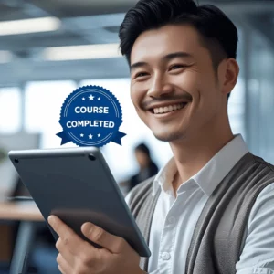 Person smiling while holding a digital tablet showing 'Course Completed' badge by TUVSW Academy